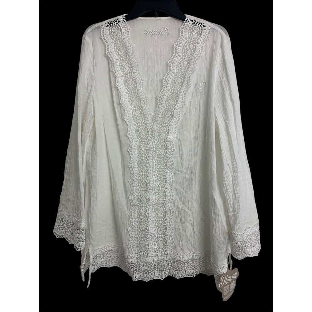 Dixxon White Gauze Crochet Lace Trim Tunic Top Anchor Embroidered Womens L/XL